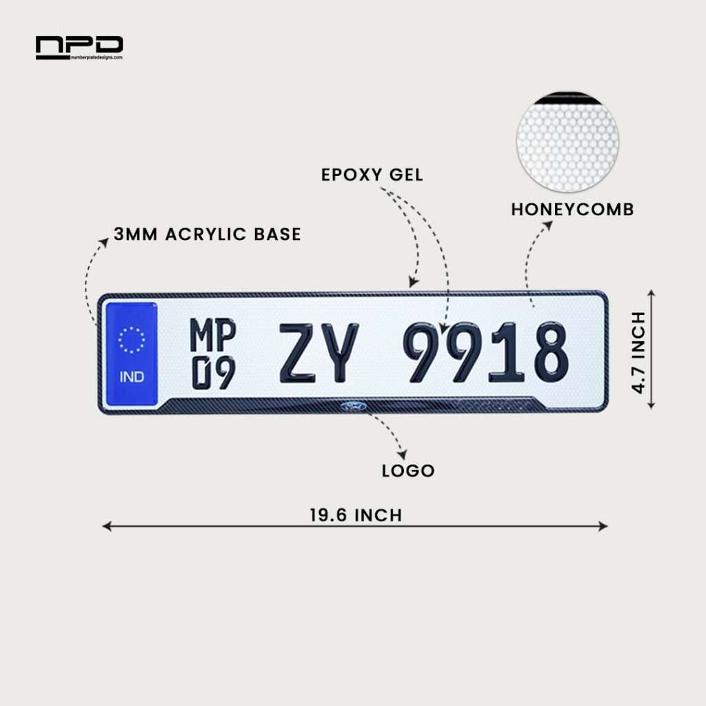 Ford Premium Acrylic Car Number Plate with Epoxy Gel & Honeycomb Reflective Design