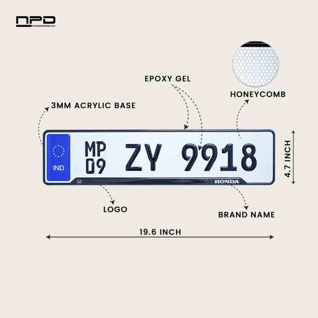 Honda Premium Acrylic Car Number Plate with Epoxy Gel & Honeycomb Reflective Design