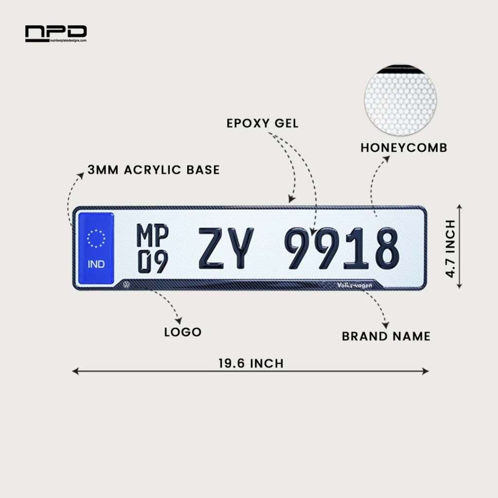 Volkswagen Car Premium Acrylic Number Plate with Epoxy Gel & Honeycomb Reflective Design