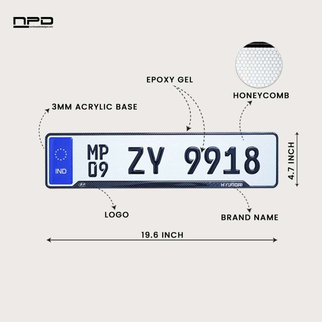 Hyundai Premium Acrylic Car Number Plate with Epoxy Gel & Honeycomb Reflective Design
