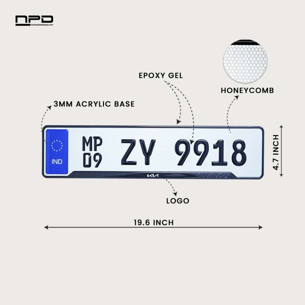 KIA Premium Acrylic Car Number Plate with Epoxy Gel & Honeycomb Reflective Design