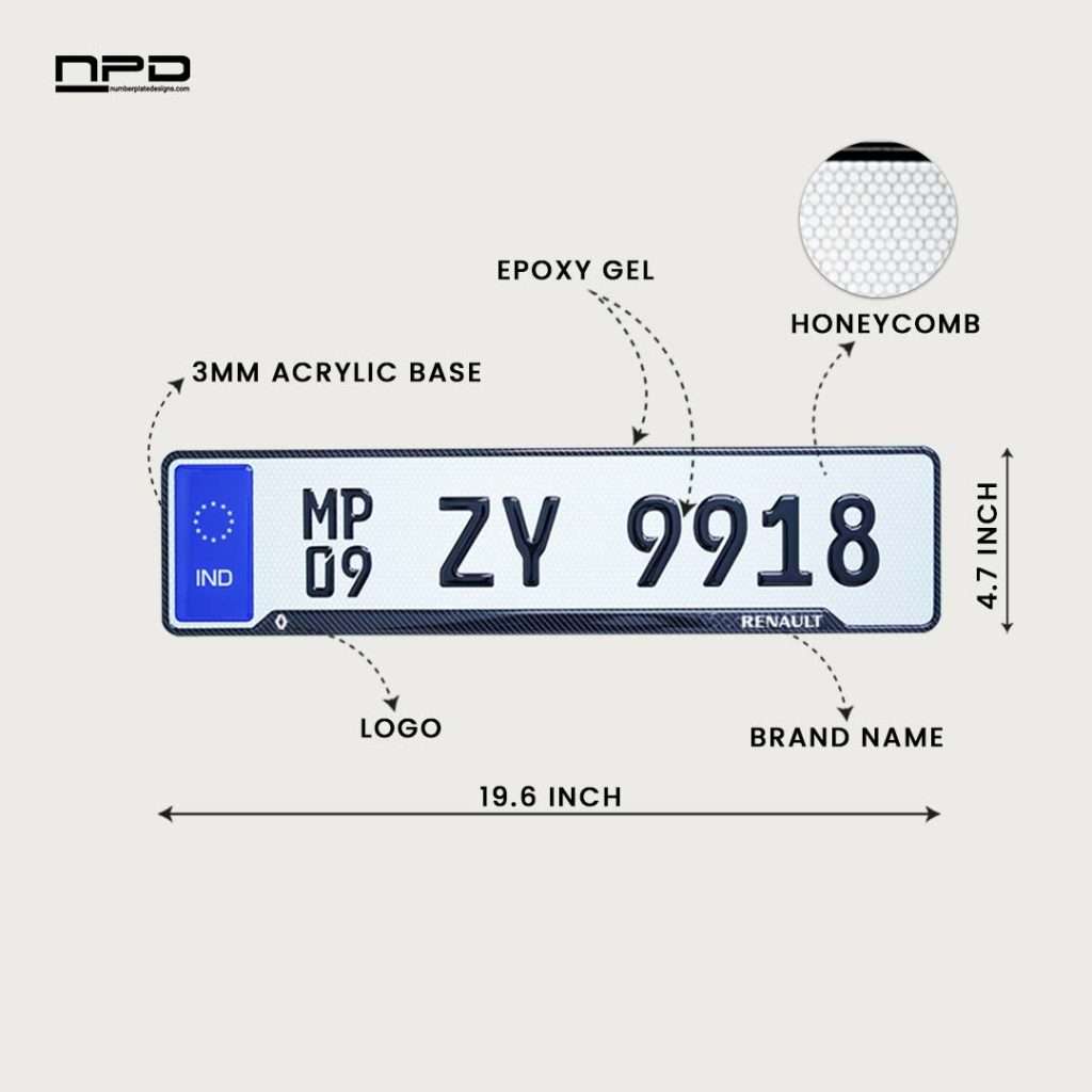 Renault Premium Acrylic Car Number Plate with Epoxy Gel & Honeycomb Reflective Design