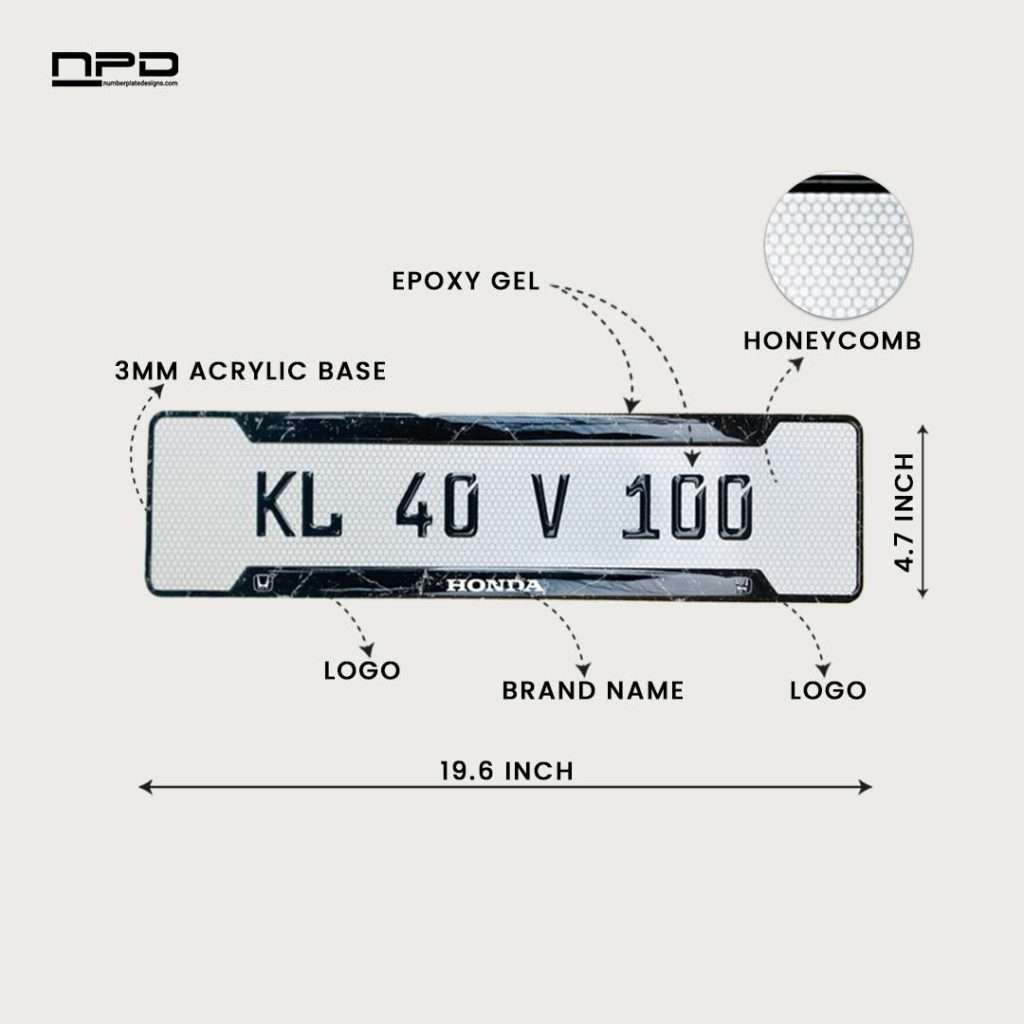 Honda Premium Acrylic Gel Number Plate with Custom Logo & Honeycomb Design