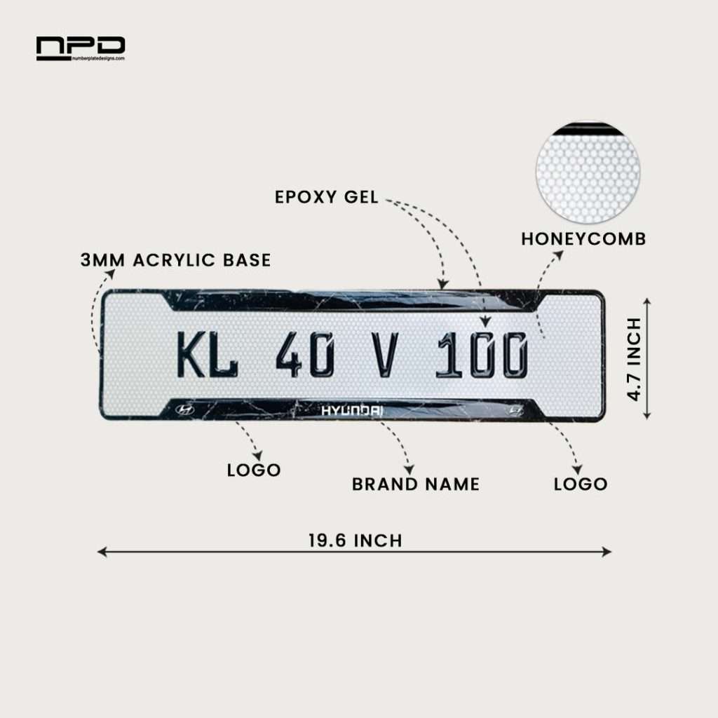 Hyundai Premium Acrylic Gel Number Plate with Custom Logo & Honeycomb Design