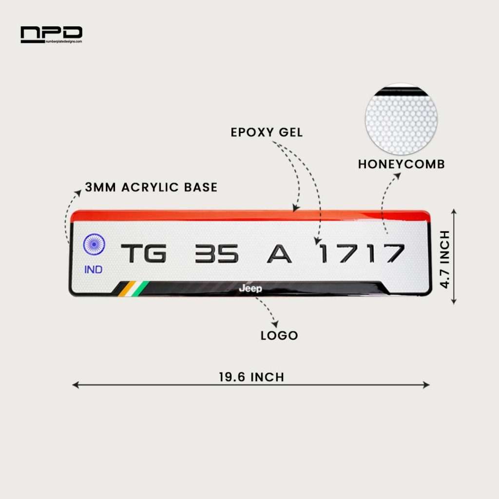 Premium JEEP Gel Number Plate with 3MM Acrylic Base & Honeycomb Reflective Finish