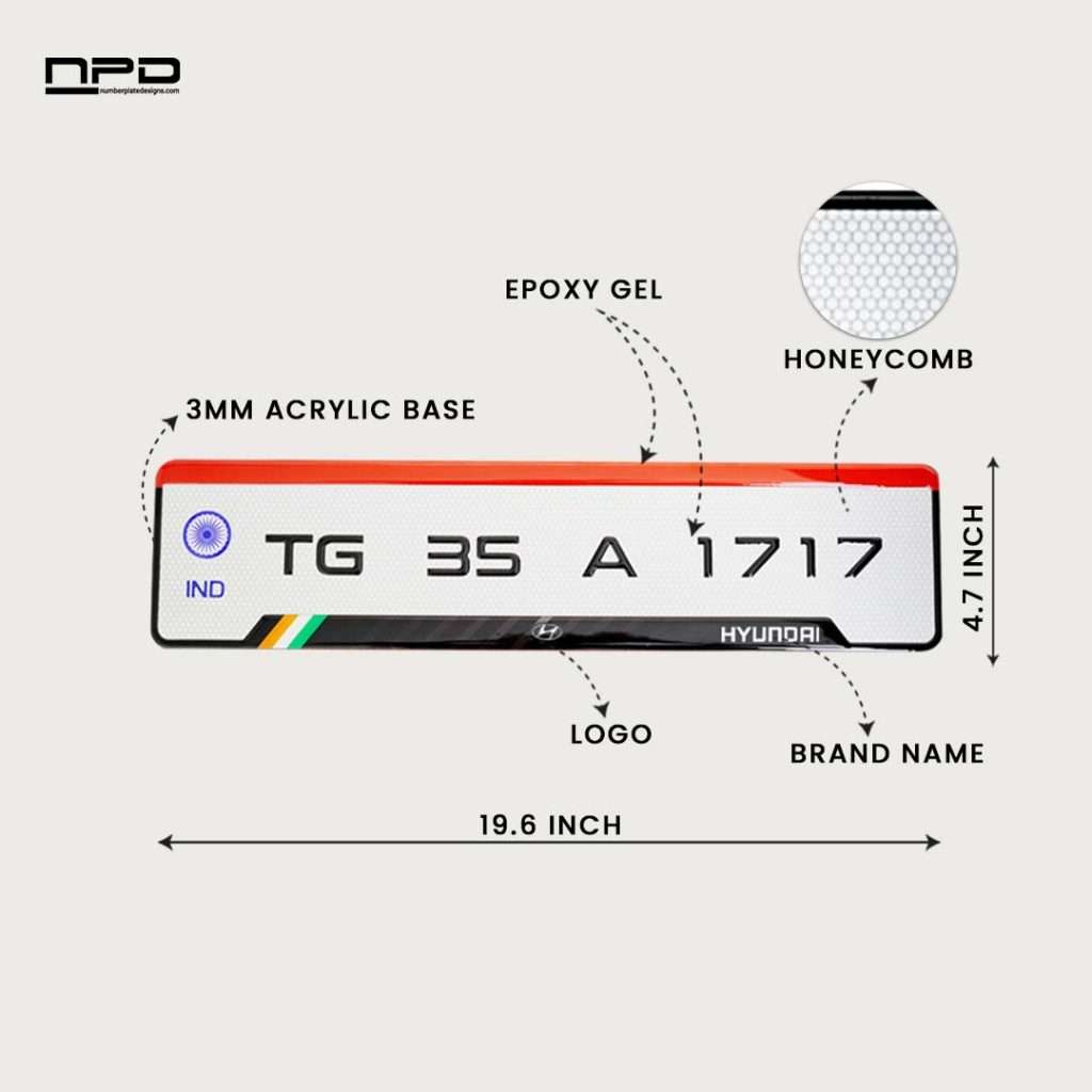 Premium Hyundai Gel Number Plate with 3MM Acrylic Base & Honeycomb Reflective Finish