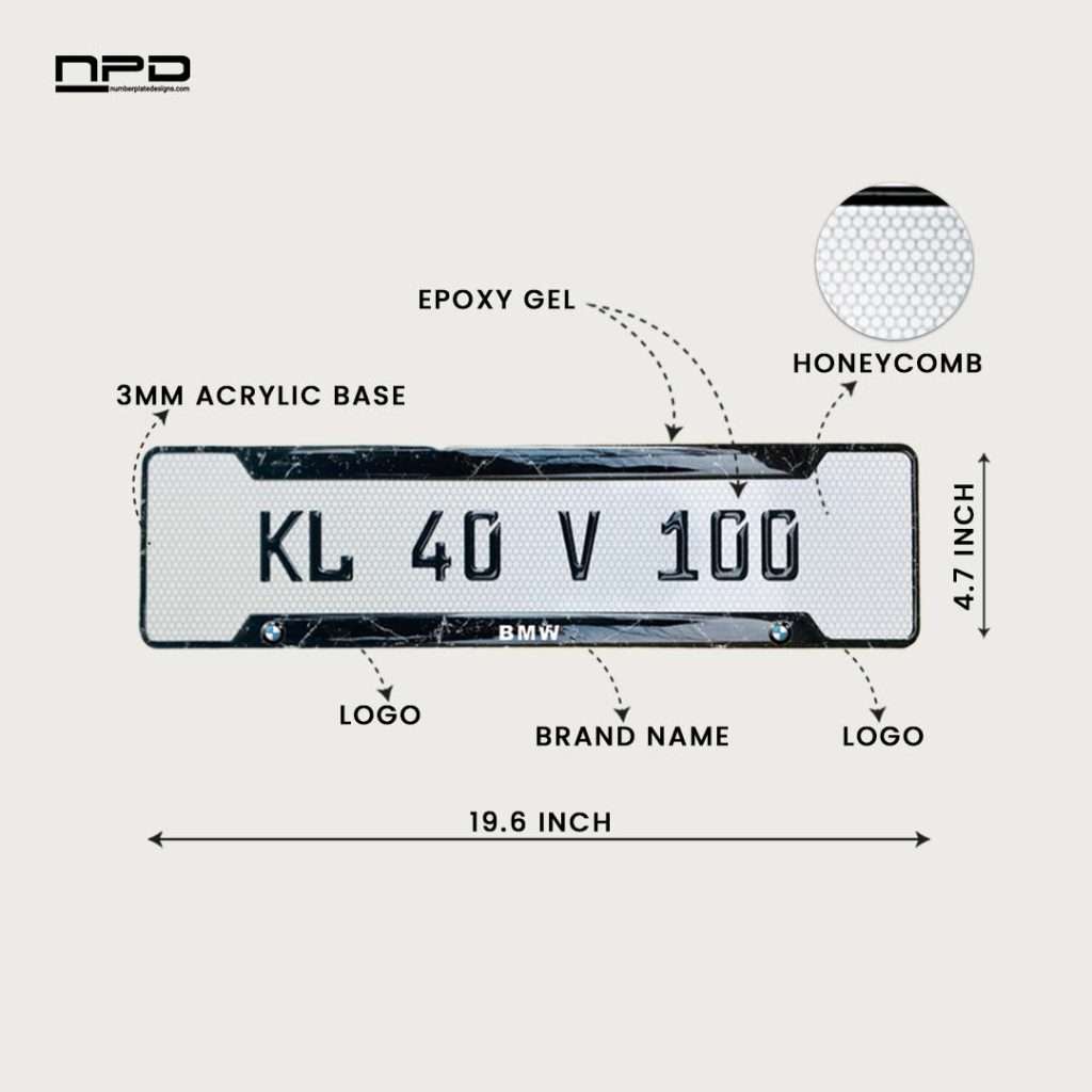 BMW Premium Acrylic Gel Number Plate with Custom Logo & Honeycomb Design