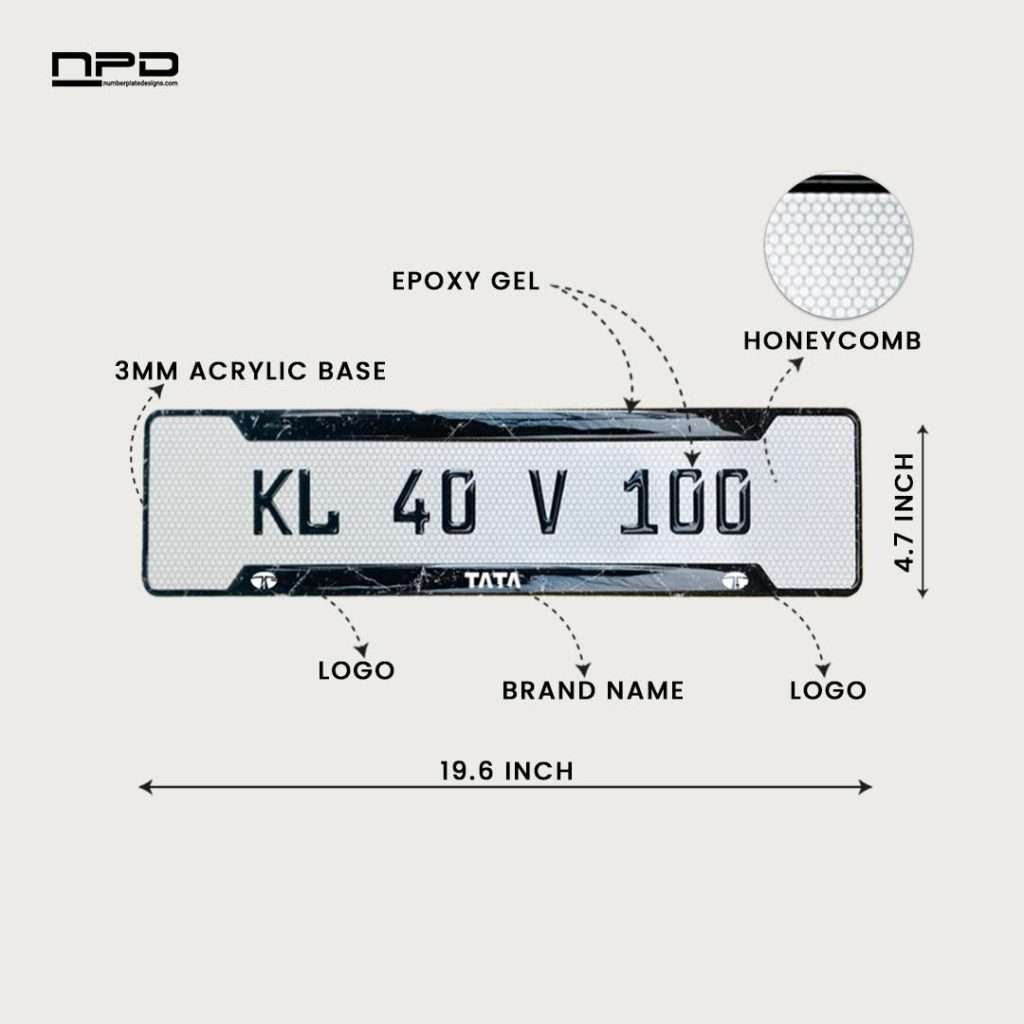 TATA Premium Acrylic Gel Number Plate with Custom Logo & Honeycomb Design