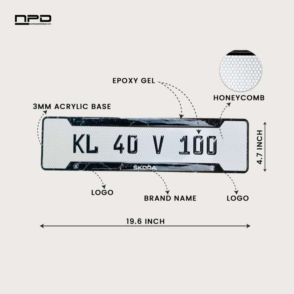 SKODA Premium Acrylic Gel Number Plate with Custom Logo & Honeycomb Design
