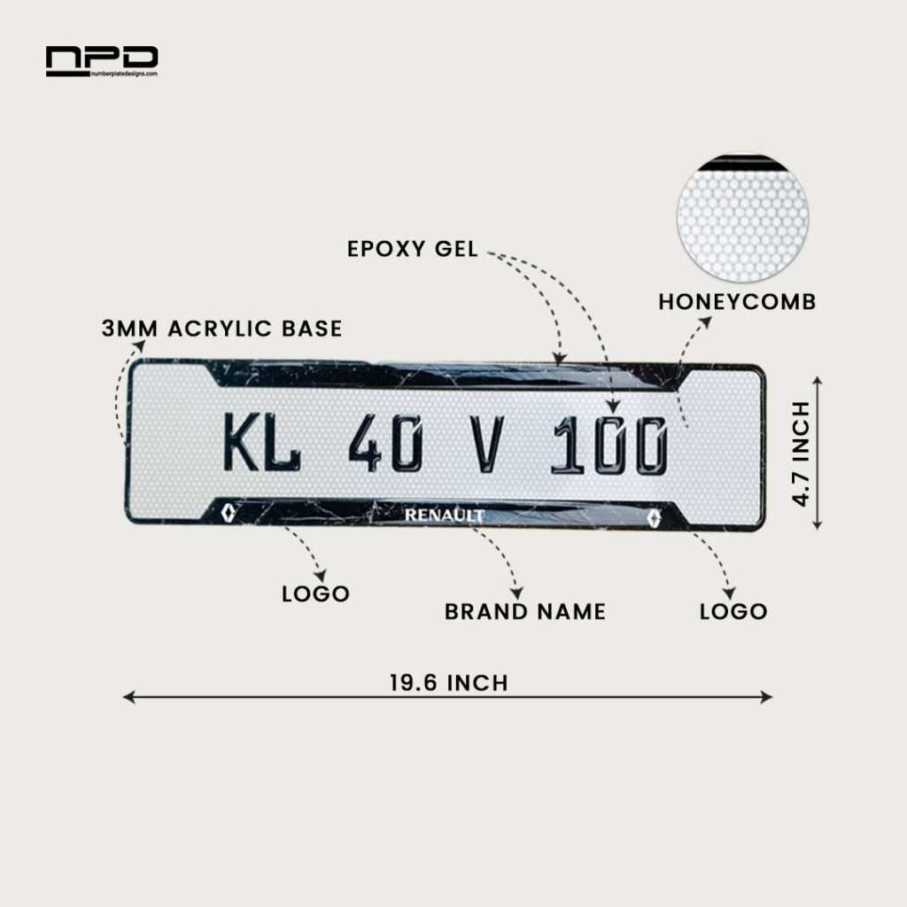 Renault Premium Acrylic Gel Number Plate with Custom Logo & Honeycomb Design